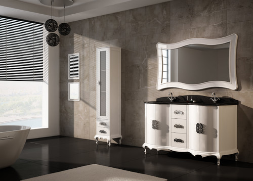 French Style White Dresser Master Bathroom Vanity and Glass Door Linen Cabinets Mount Bath Statement Bathroom Vanity Wood Modern Double Countertop Hardware Traditional Light Sinks Rustic Natural